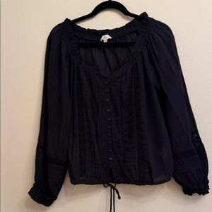 Elan Black Peasant Blouse with Pintuck & Lace Trim